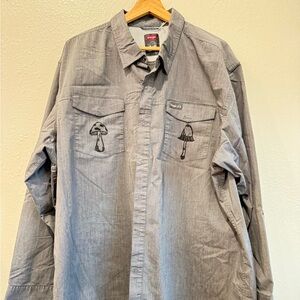 Hand Block Printed Mushroom Chambray Shirt | Wrangler Outdoor Button-Up 2XL🍄‍🟫